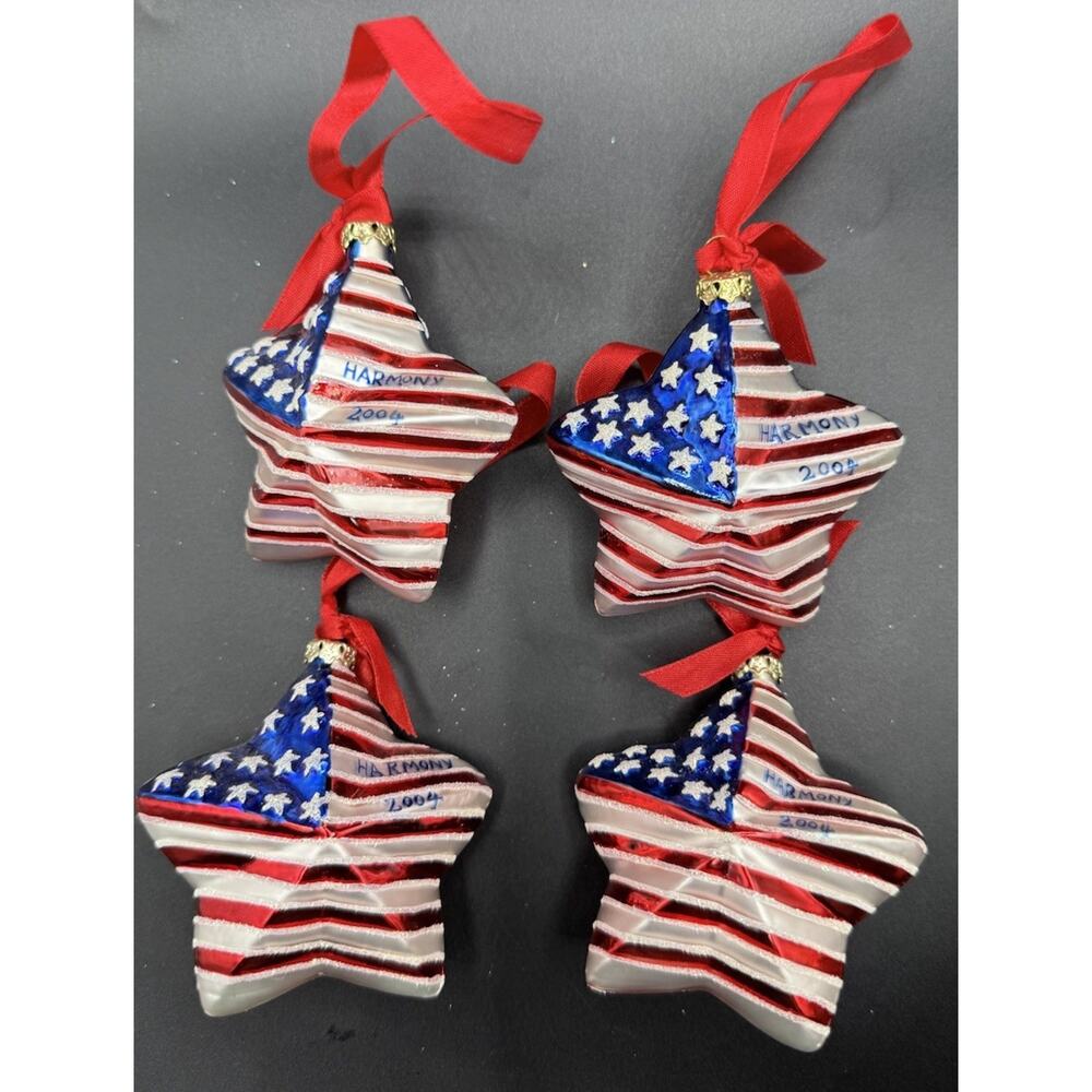 4 Patriotic American Flag Star Blown Glass Christmas Ornament Poland EUC! LO17